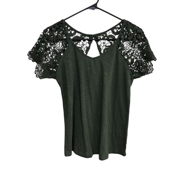 Green Crochet Lace Sleeve Blouse Boho Romantic Elevated Basics Feminine S - Picture 1 of 6